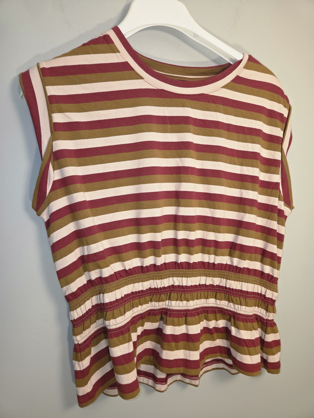 White House Black Market Striped Sleeveless Peplum Tank in Rose, Olive & Cream